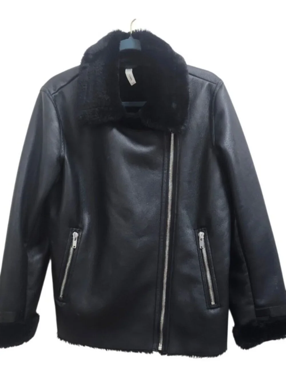 MNG Mango Faux Shearling Moto Jacket M Black Faux Leather Asymmetric Zip Biker - Picture 2 of 14